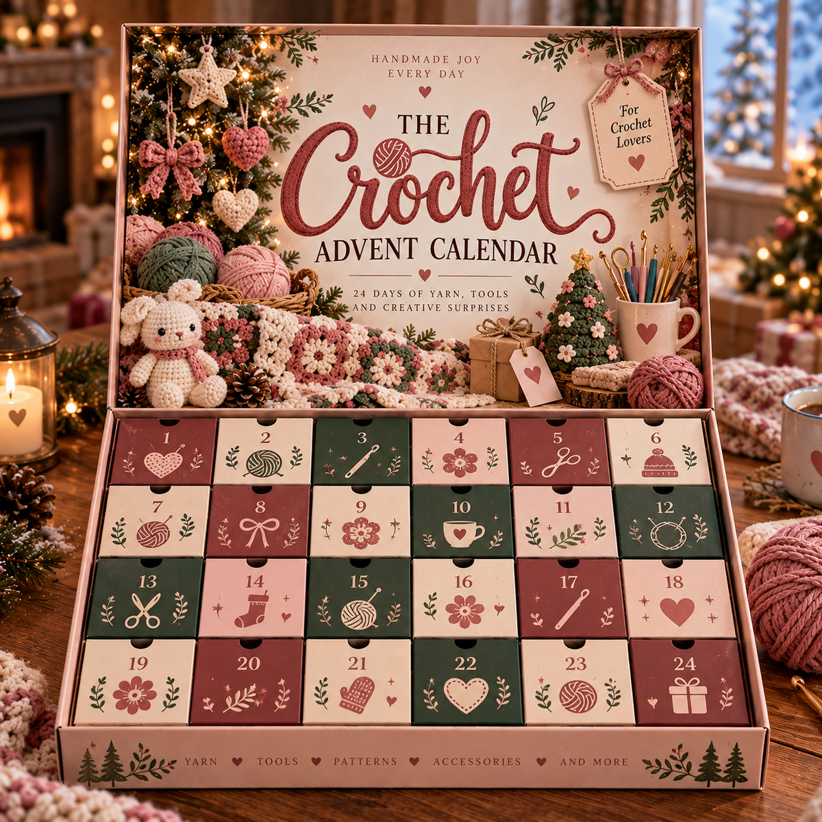 The Crochet Advent Calendar open with 24 drawers